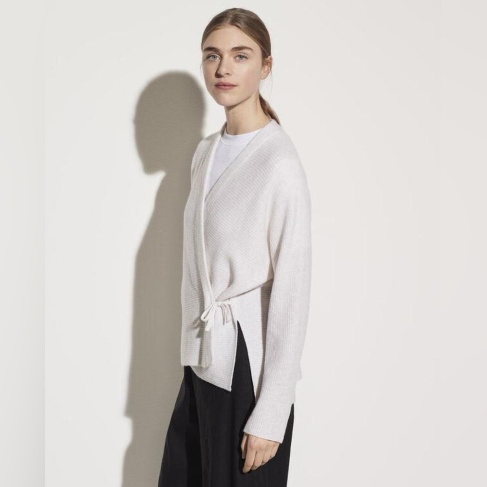 VINCE CASHMERE WOOL OVERSIZED V NECK WRAP CARDIGAN SWEATER Light Beige Cream XS
